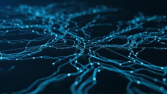 Abstract futuristic background with glowing nodes and connecting lines forming a complex digital network.