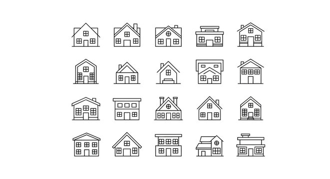 Collection of minimalist house icons a variety of architectural styles in black and white