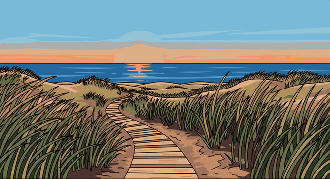 A wooden boardwalk winds through grassy dunes towards a tranquil ocean sunset