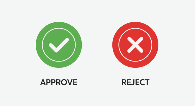 Green circular checkmark and red circular cross icon set for approval and rejection status indicator buttons displayed on a clean light grey minimalist background design.