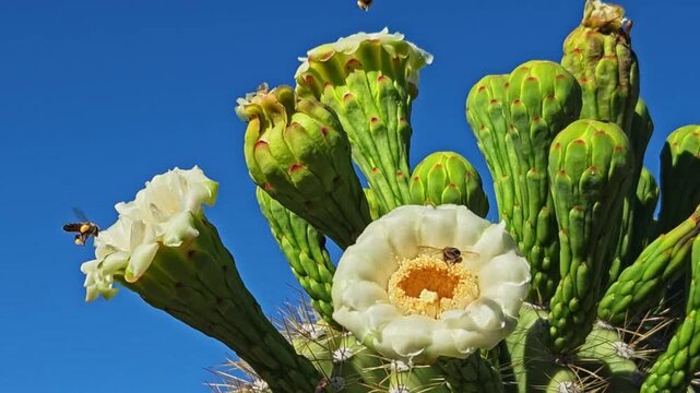 White and yellow saguaro cactus flowers with bees