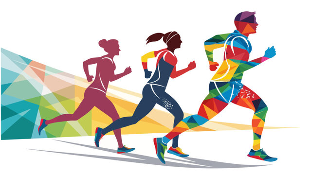 Vibrant illustration of three runners in motion with colorful geometric background