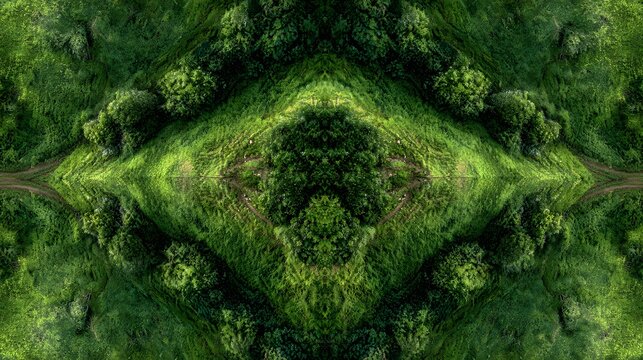 naturally occurring symmetrical patterns within vegetation and land as the main subject + expansive field environment with mirrored growth + soft morning light enhancing subtle symmetry + aerial top v