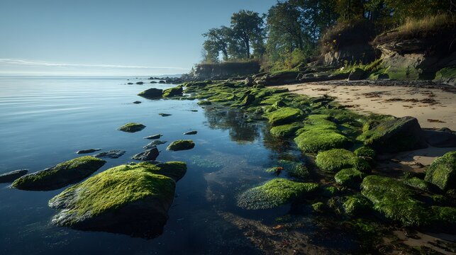 shoreline where land and water meet in perfect gradual transition without dominance as the main subject + coastal environment with smooth blending zones + soft horizon lighting enhancing neutrality + 