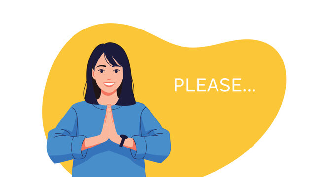 Smiling woman making a namaste or prayer gesture with her hands against a yellow background asking for something politely.
