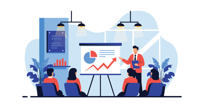 Professional business presenter showing data charts and growth graphs on a whiteboard to a group of colleagues in an office.
