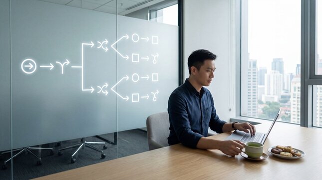 Businessman working on laptop at office desk with mathematical formulas on glass wall