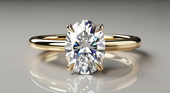 Oval cut diamond solitaire engagement ring with a polished yellow gold band on grey background
