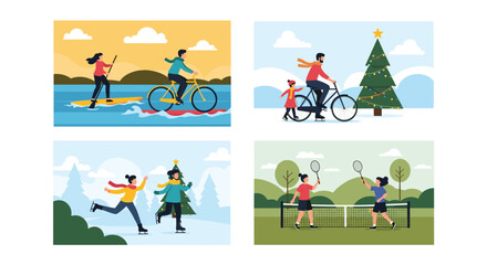 Naklejka premium Set of four illustrations showing people enjoying various seasonal outdoor activities like cycling, skating, tennis, and paddleboarding.