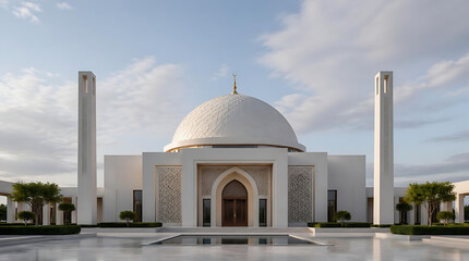 Fototapeta premium Stunning grand mosque architecture featuring a majestic central dome and tall minarets standing proudly under a partly cloudy sky during daylight hours showing peaceful religious heritage