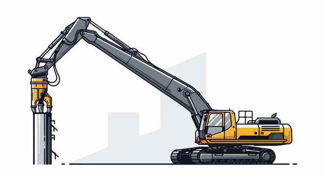 A yellow and grey tracked excavator with a long articulated arm, grasping a concrete pillar