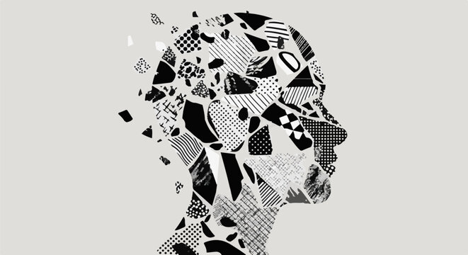 Black and white abstract silhouette of a head, fragmented into pieces