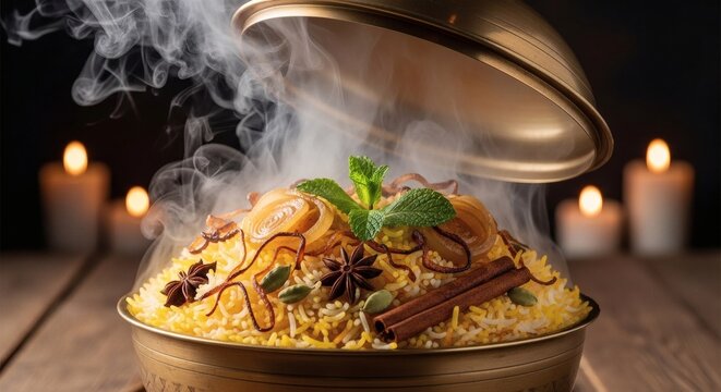 Exquisite biryani presentation aromatic rice dish with saffron and fresh herbs