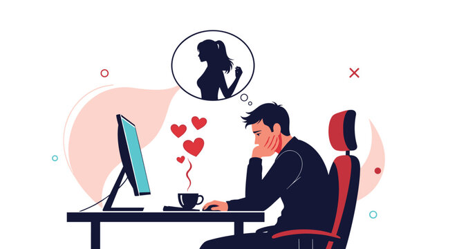 Young man sits at his computer desk daydreaming about a woman while hearts float above his coffee cup in a concept of online love.