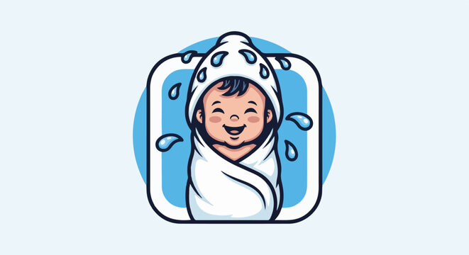 Adorable baby wrapped in a towel with water drops, smiling happily