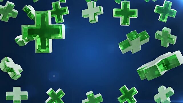 Abstract Green Plus Signs Floating on Dark Blue Background.