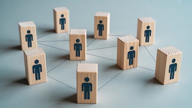 Organizational network structure with connected people icons on wooden blocks, showing team collaboration, stakeholder mapping, social graph, and business communication on a light background