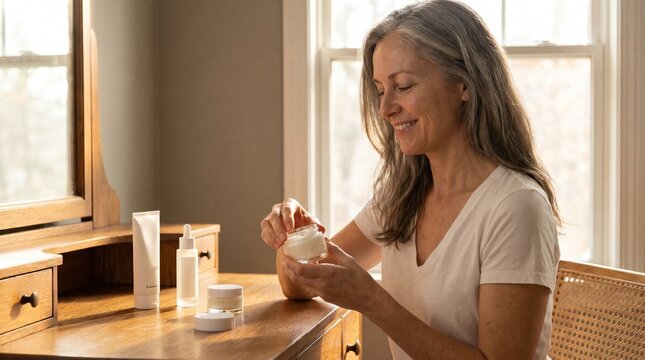 Middle aged woman with long gray hair applying moisturizing cream at wooden vanity near window with natural sunlight streaming in, surrounded by skincare products.