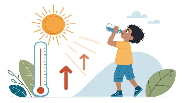 Cartoon boy drinking water on a hot sunny day with thermometer