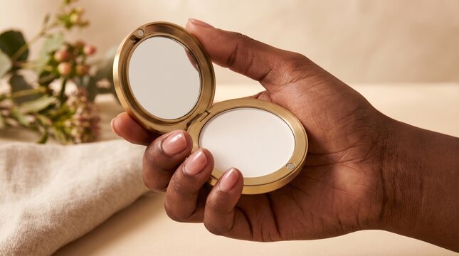 Woman's hand displays open compact powder with mirror, showcasing natural pink nails against warm neutral background with blurred foliage.