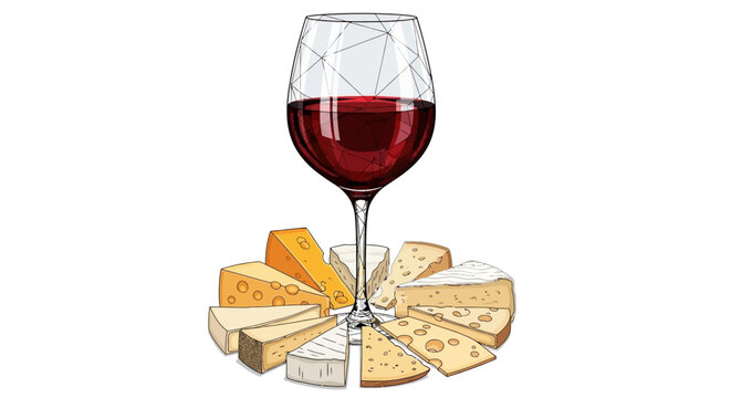 A wine glass filled with red wine beside various types of cheese slices on a table indoors.