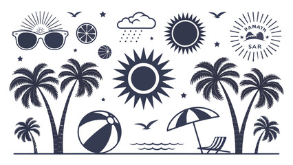 Obraz premium Vector illustration of beach icons and symbols in dark blue
