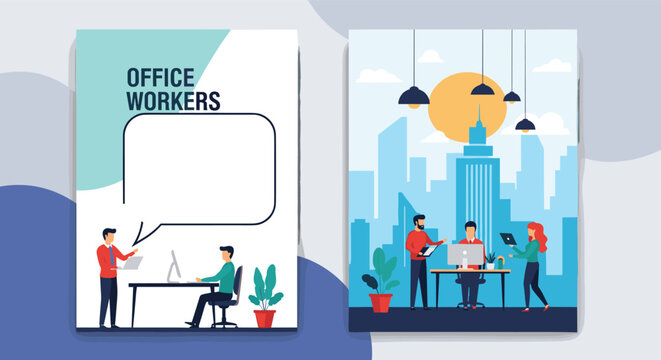 Professional office workers brochure design displays business people collaborating and working in a modern corporate environment.