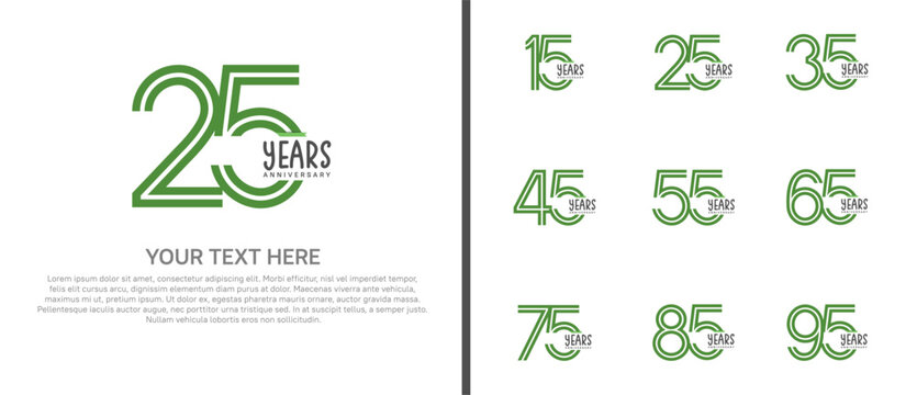 anniversary logo set with green ribbon. green number on white background for celebration moment