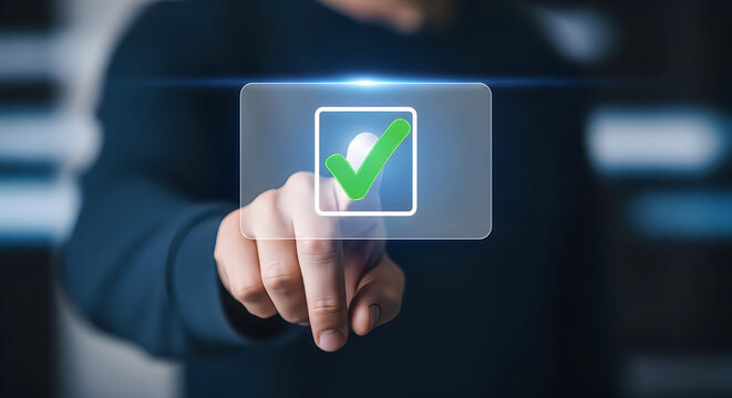 Man's finger touching approve checkbox on glowing digital interface screen.