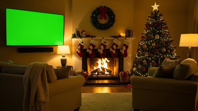 Cozy living room decorated for Christmas with fireplace stockings and a beautifully lit Christmas tree