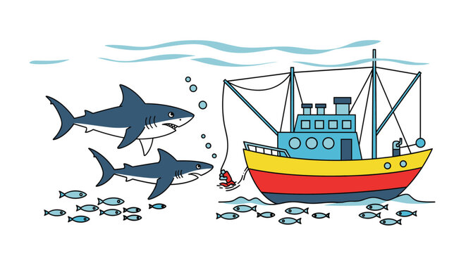 Colorful fishing boat at sea with two large sharks swimming underneath and a diver preparing to enter the water for research.