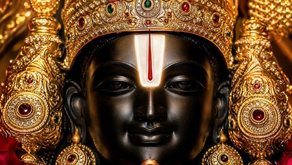 Obraz premium Lord Murugan Hindu Deity Statue with Golden Crown and Sacred Tilak Closeup