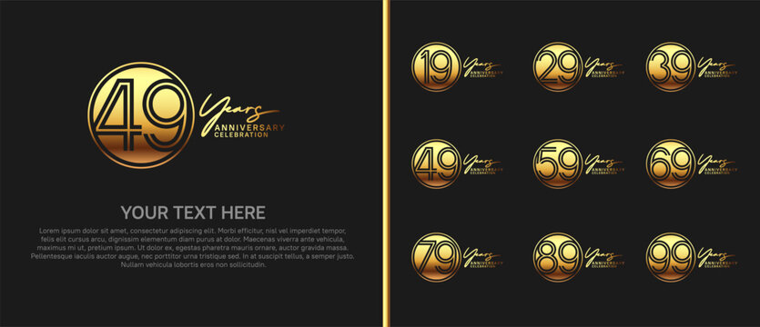anniversary logo set with circle. gold color on black background for celebration moment
