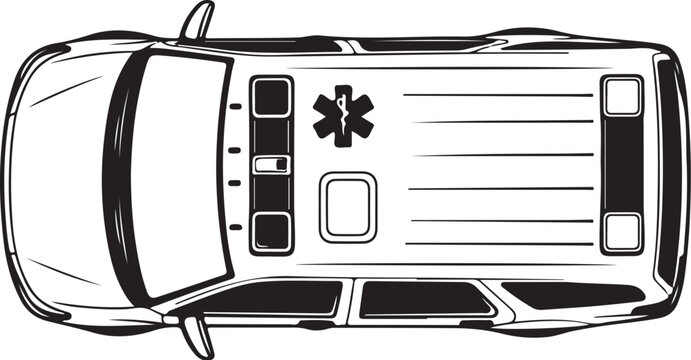 Overhead view, ambulance, emergency vehicle, medical transport, black and white illustration
