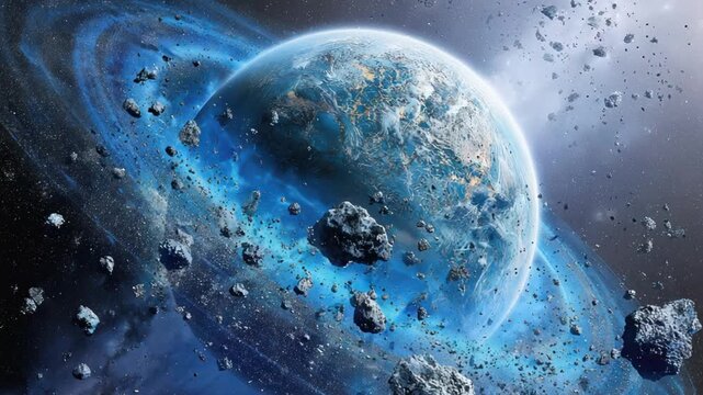 Cosmic planet with asteroid belt in space illustration