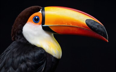 Obraz premium Vibrant toucan with colorful beak and striking blue eye against dark