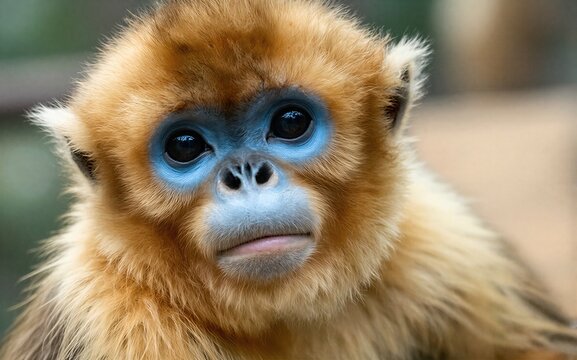 Golden snub-nosed monkey with striking blue face and soft golden fur.