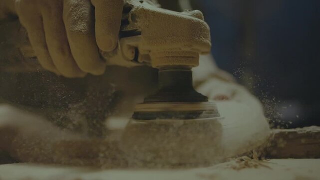 Extreme Close-up of Electric Sander Polishing Wooden Surface with Flying Sawdust