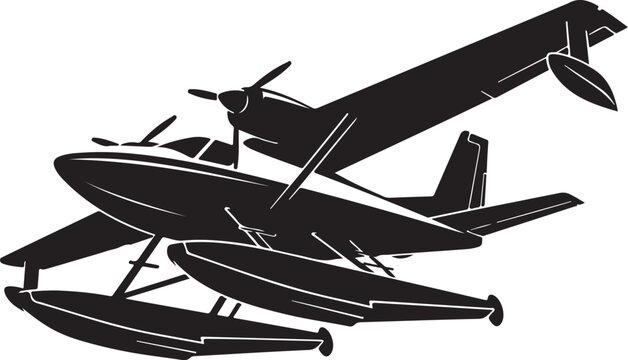 Seaplane, black silhouette, airplane icon, vector aircraft