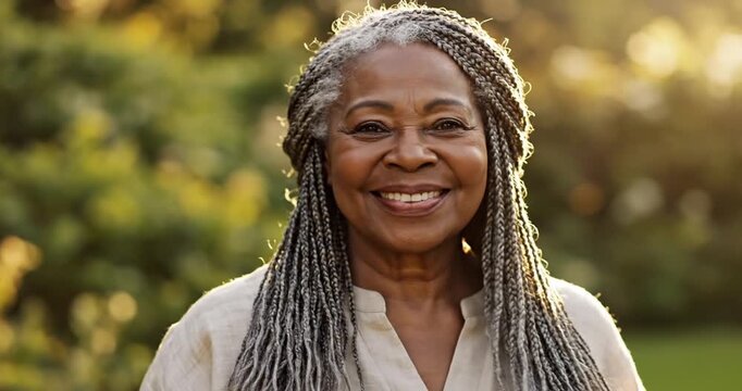 Joyful elderly woman with braided hair smiling while enjoying nature in a sunny garden