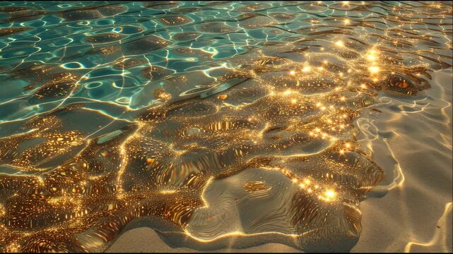 Golden caustic light patterns drifting across pale sand through shallow water with iridescent shimmer