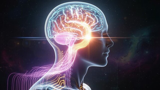 Futuristic human brain and nervous system glowing with neural connections and digital energy in profile view