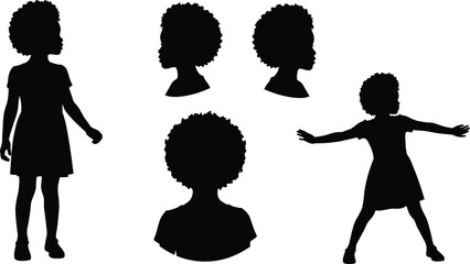 Fototapeta premium Set of black silhouettes of young girl with afro hairstyle poses