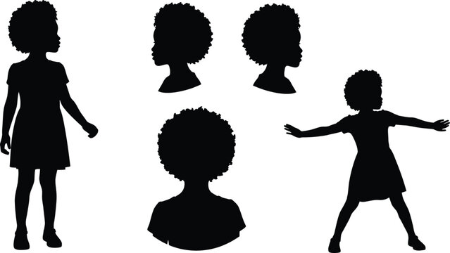 Set of black silhouettes of young girl with afro hairstyle poses
