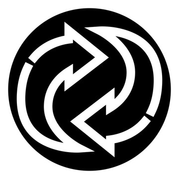 Circular arrows are creating a dynamic feedback loop symbol, representing concepts of cycle, exchange, recycling, flow, and continuous process within a black circle icon