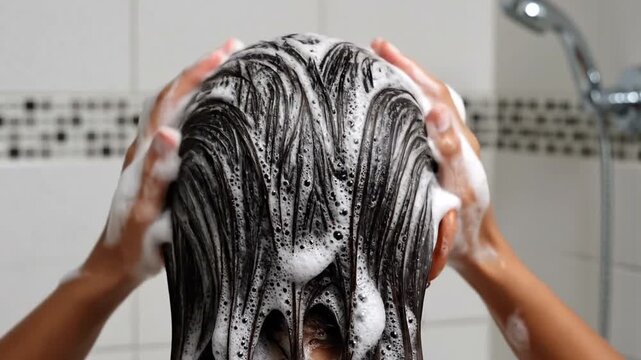 Woman washing hair with shampoo in the shower.