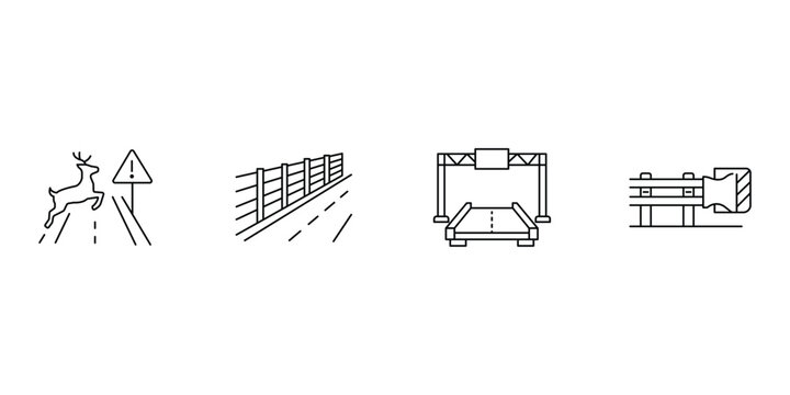 Traffic icon set featuring deer crossing warning fence barrier highway traffic light gantry and road safety guardrail vector illustration for transportation.