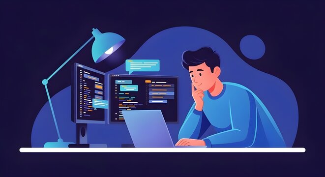 Man working late on computer, coding and programming in a dimly lit room