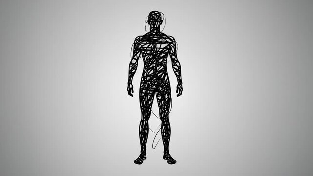 Abstract human silhouette with tangled lines on gray background representing complexity and connection