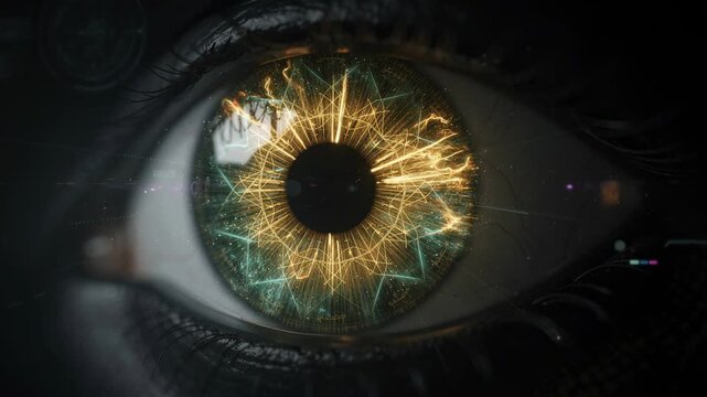 Close-up futuristic human eye with glowing digital technology and cybernetic elements for innovation concept